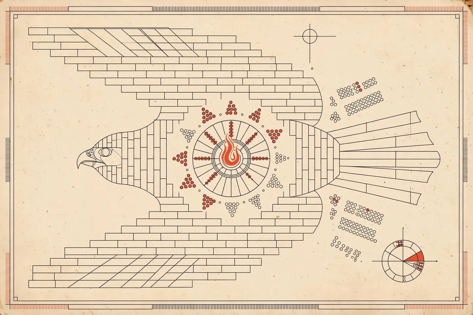 Falcon-shaped Vedic fire altar blueprint with brick courses and fire circle
