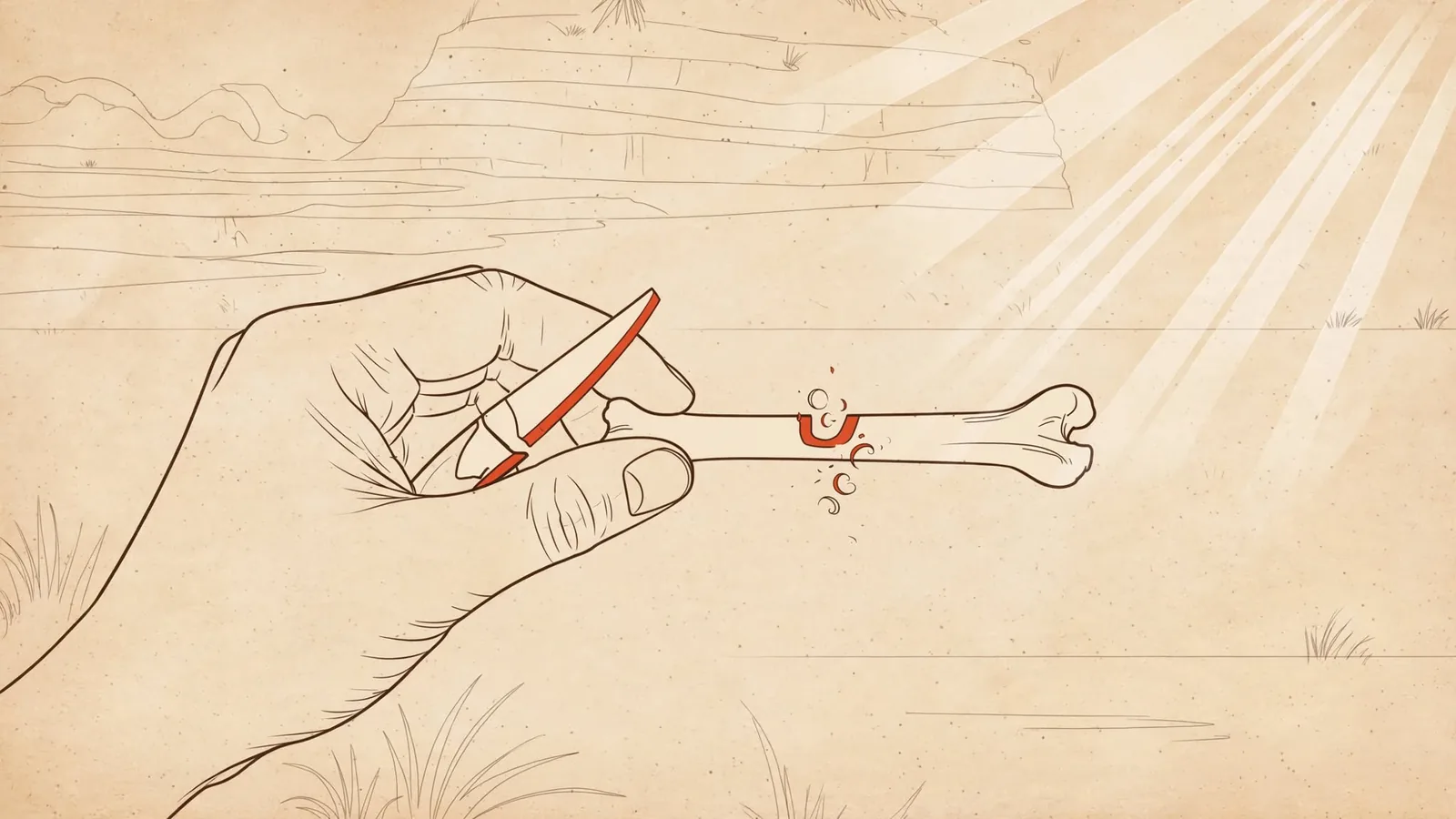 A hand carving the first tally notch on a bone at sunrise